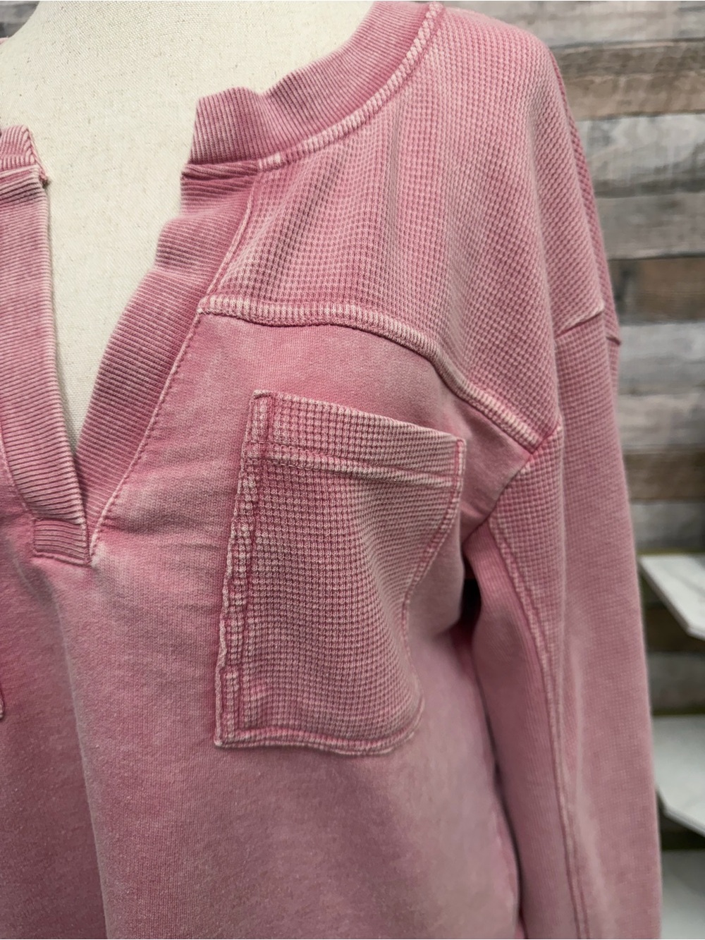 Jane + Delancey pink waffle knit Henley top with distressed details - Picture 2 of 5
